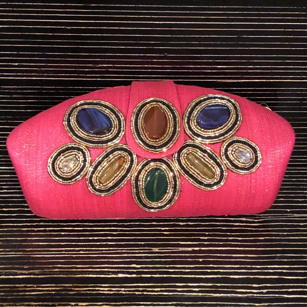 Buntal Clutch With Flap And Round Beadwork.